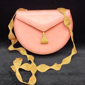 Pink Salmon Leather Bag Gold Mesh Strap Small Hard Case Sondra Robert Vintage
